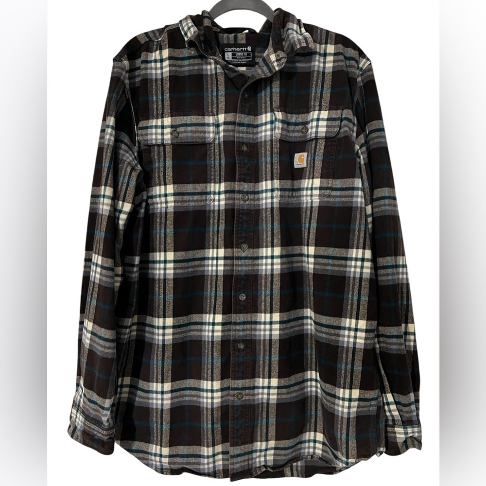 Men’s Carhartt Heavy Flannel Shirt Brown Plaid Loose Fit Large Tall